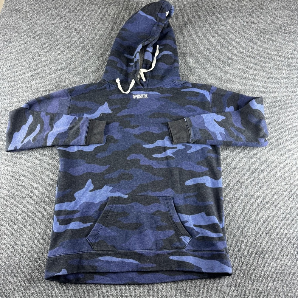PINK Victoria's Secret Hoodie Womens XS Blue Camo Pullover Kangaroo Pocket Logo